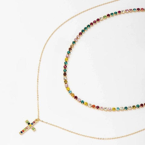 Rainbow Necklace Layered with Cross Pendant