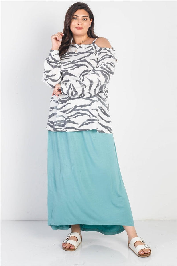 Plus White & Charcoal Zebra Flannel Cold Shoulder Long Sleeve Top