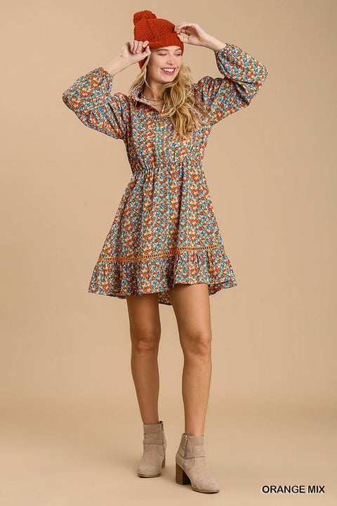 Collared neckline button down floral print dress with crochet trimmed details