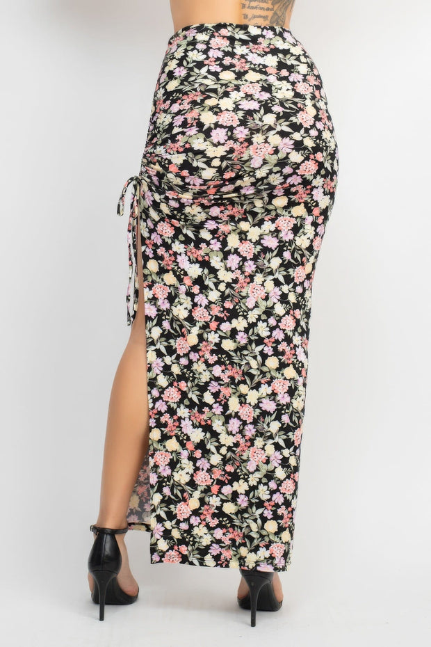 Front Knot Floral Top & Ruched Maxi Skirts Set