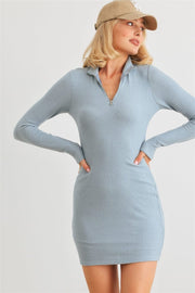 Blue Flannel Zip-up Mock Neck Mini Dress
