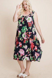 Plus Size Floral Bulgari Printed Midi Dress Asymmetrical Hem