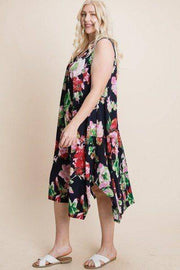 Plus Size Floral Bulgari Printed Midi Dress Asymmetrical Hem