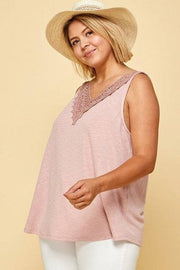 Plus Solid French Terry Slub Sleeveless Tank With Lace Neckline
