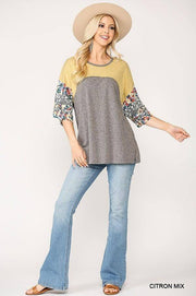 Colorblock Knit Floral Print Mixed Top With Dolman Sleeve