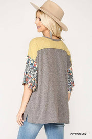 Colorblock Knit Floral Print Mixed Top With Dolman Sleeve