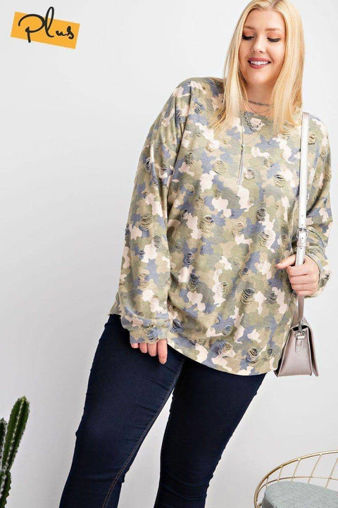 Plus Size Long Sleeve Distressed Printed Rayon Pullover Top