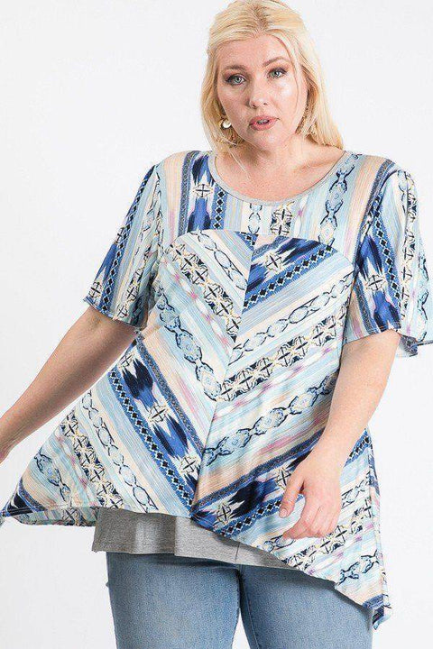 Short Sleeve Aztec Patterned Layered Top