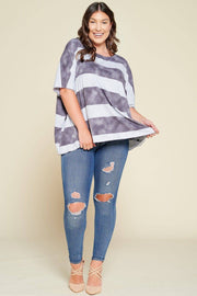 Stripe Printed Pleated Blouse Featuring Neckline Sleeves