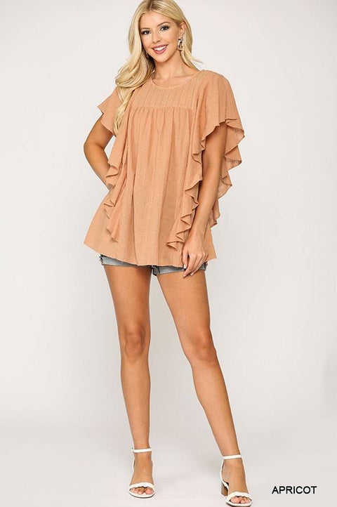 Textured Ruffle Sleeve Tunic Top With Back Keyhole