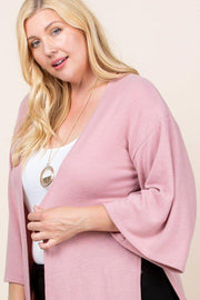 Plus Size Solid Hacci Brush Open Long Cardigan Bell Sleeves