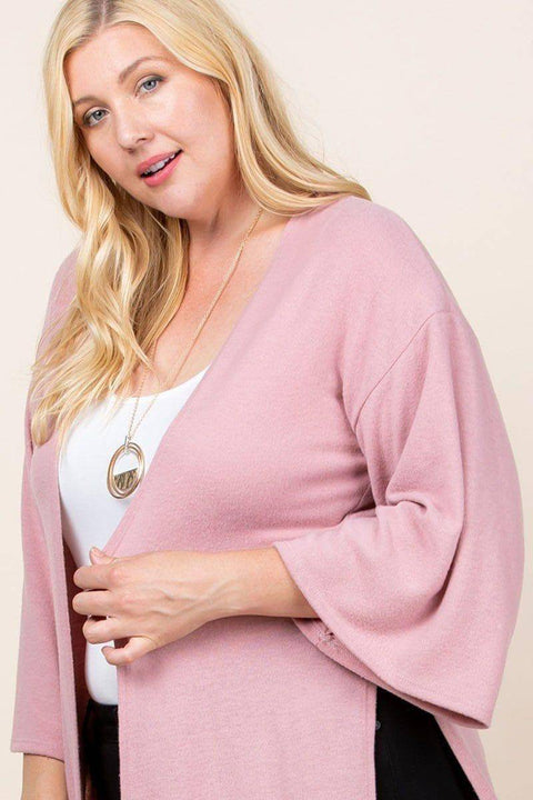 Plus Size Solid Hacci Brush Open Long Cardigan Bell Sleeves